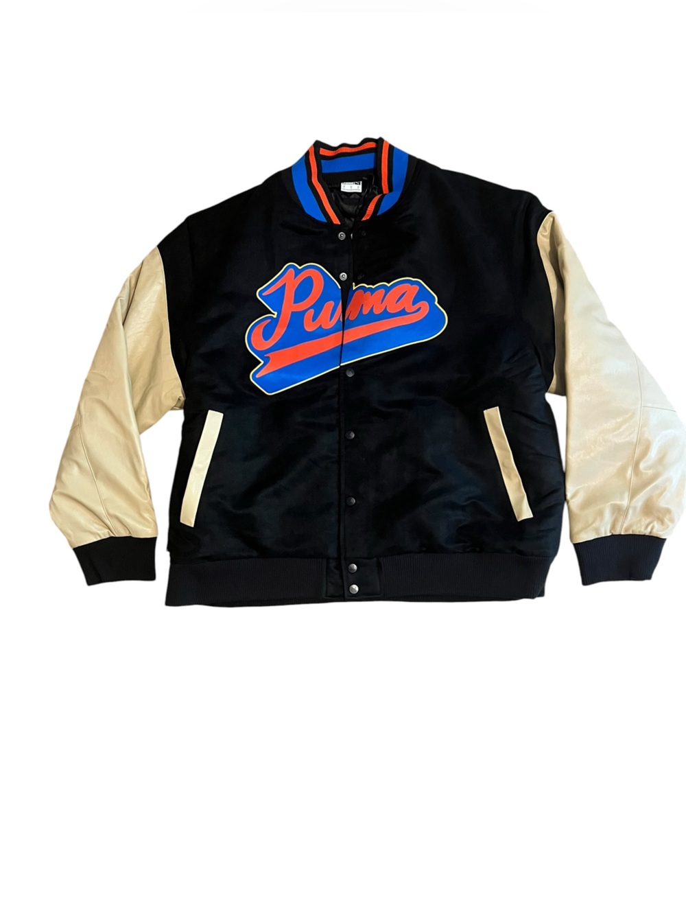 PUMA x Dee & Ricky Whimsical World Varsity Bomber Jacket Black Beige XL New